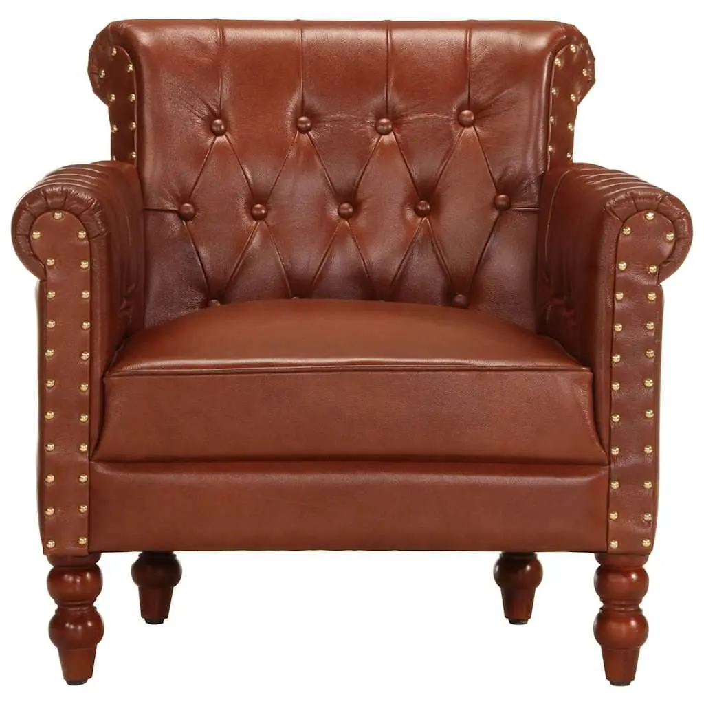 Armchair Upholstered Brown Real Goat Leather Solid Mango Wood Legs Living Room