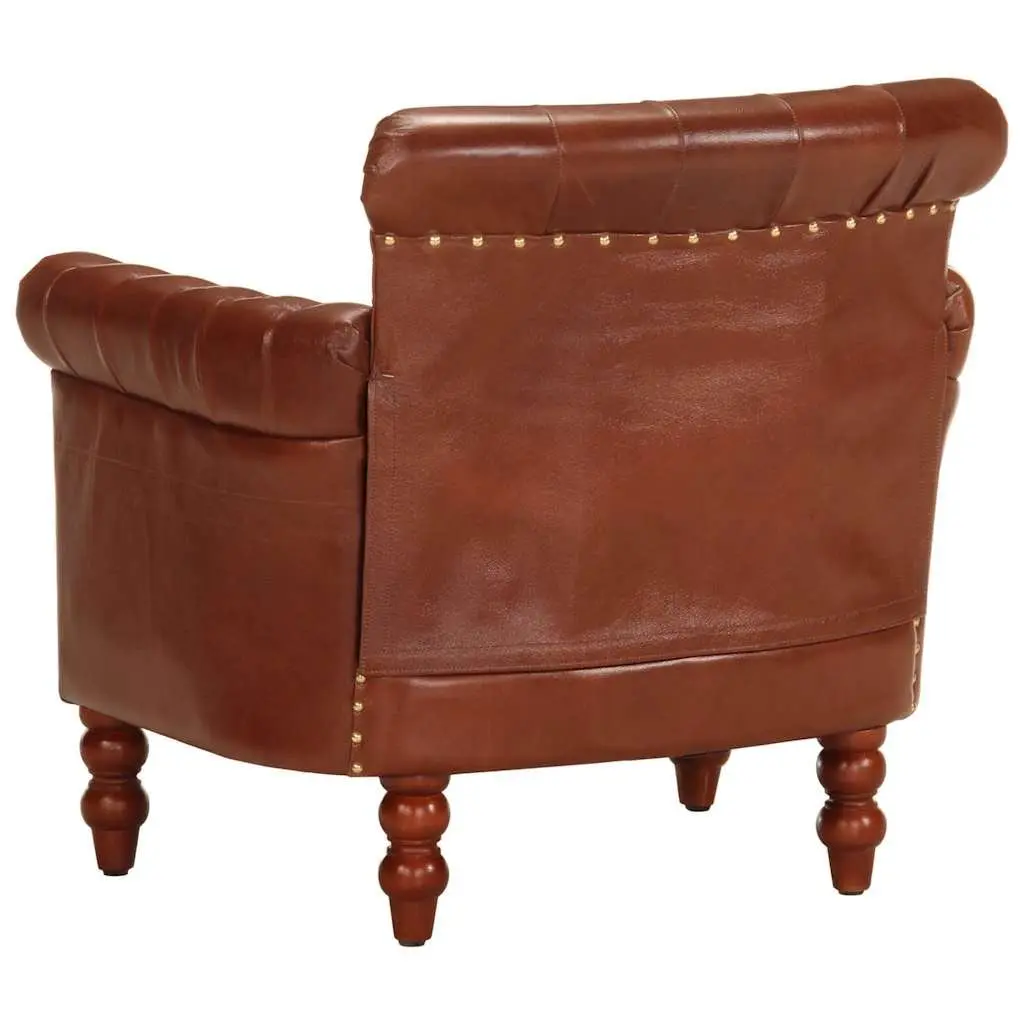 Armchair Upholstered Brown Real Goat Leather Solid Mango Wood Legs Living Room