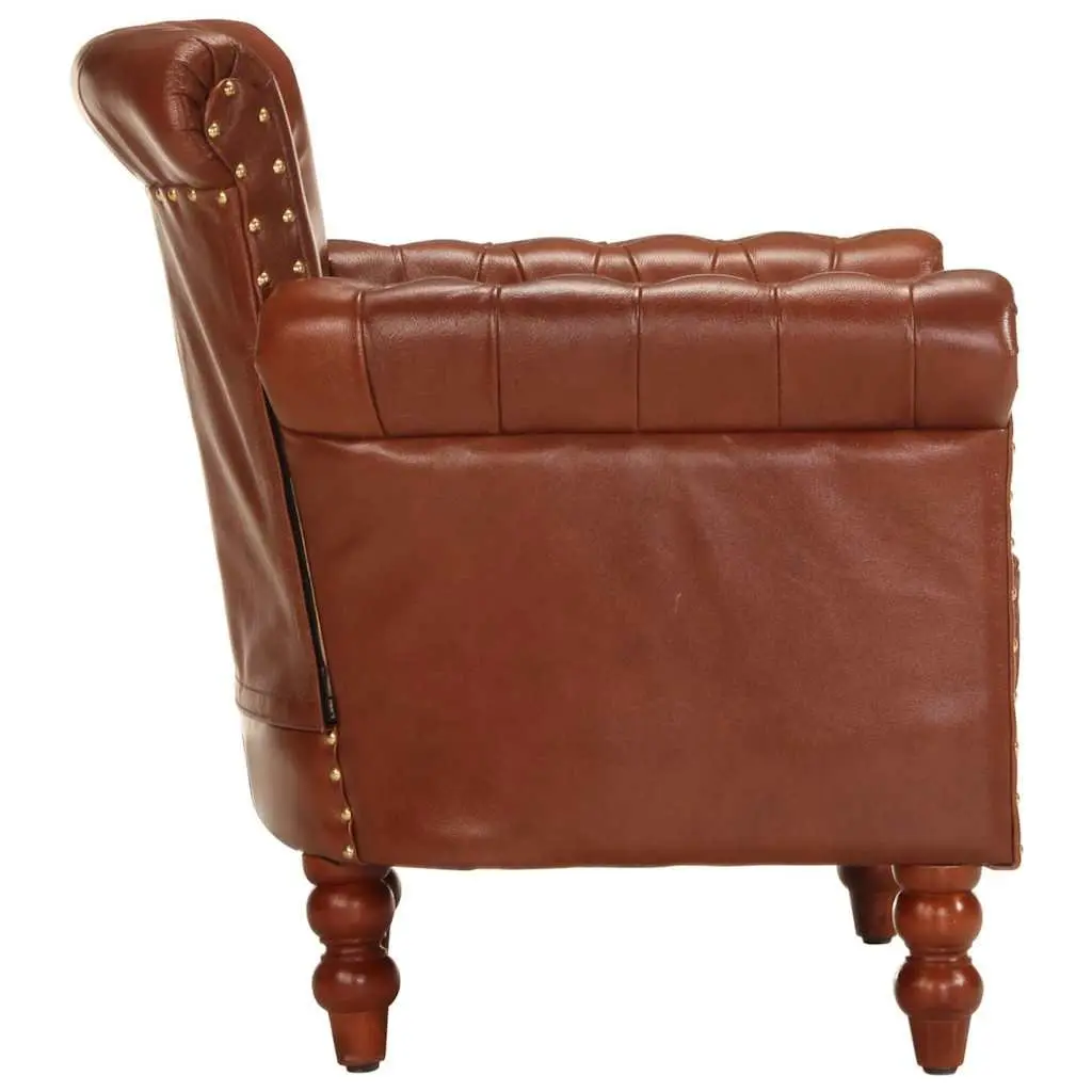 Armchair Upholstered Brown Real Goat Leather Solid Mango Wood Legs Living Room