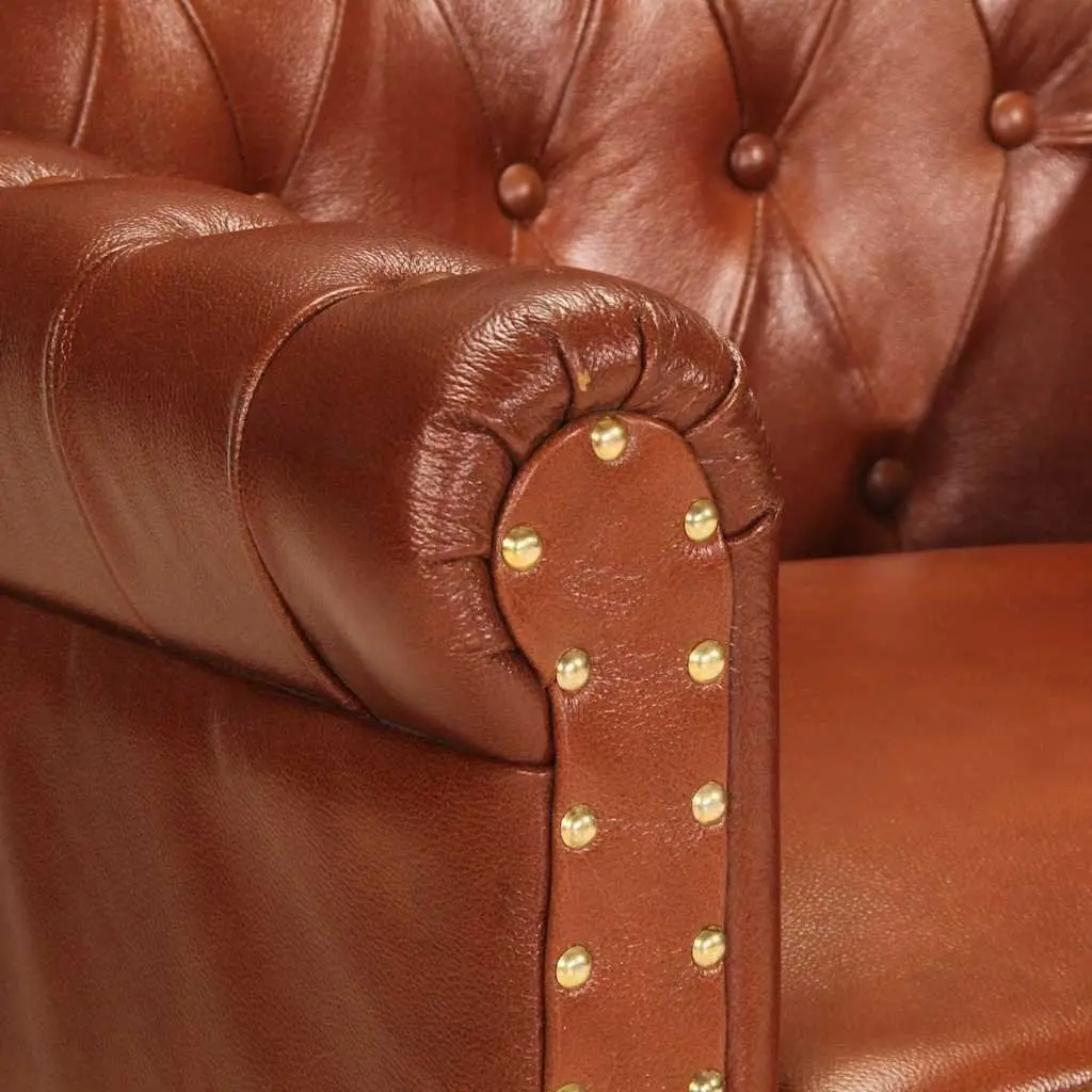 Armchair Upholstered Brown Real Goat Leather Solid Mango Wood Legs Living Room