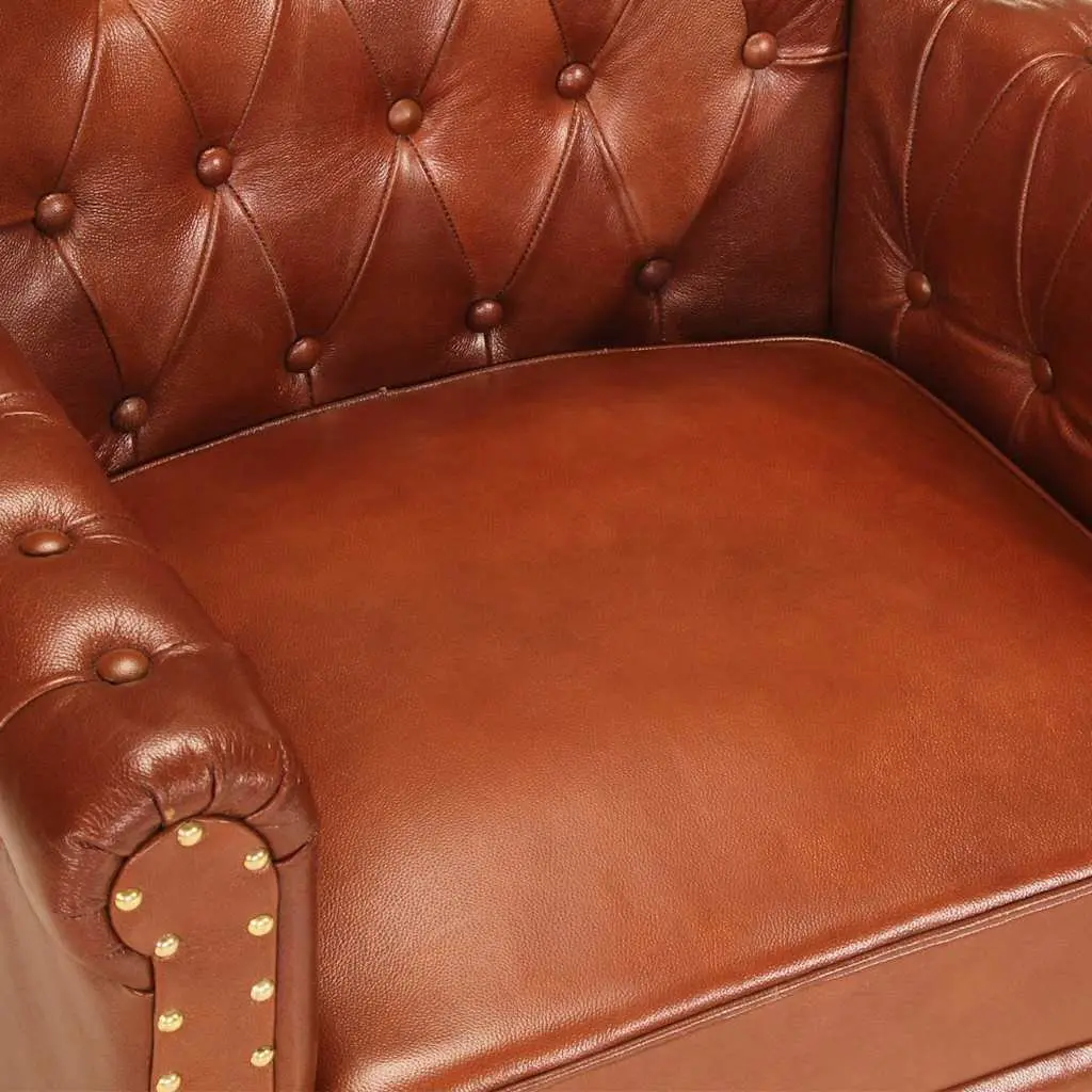 Armchair Upholstered Brown Real Goat Leather Solid Mango Wood Legs Living Room