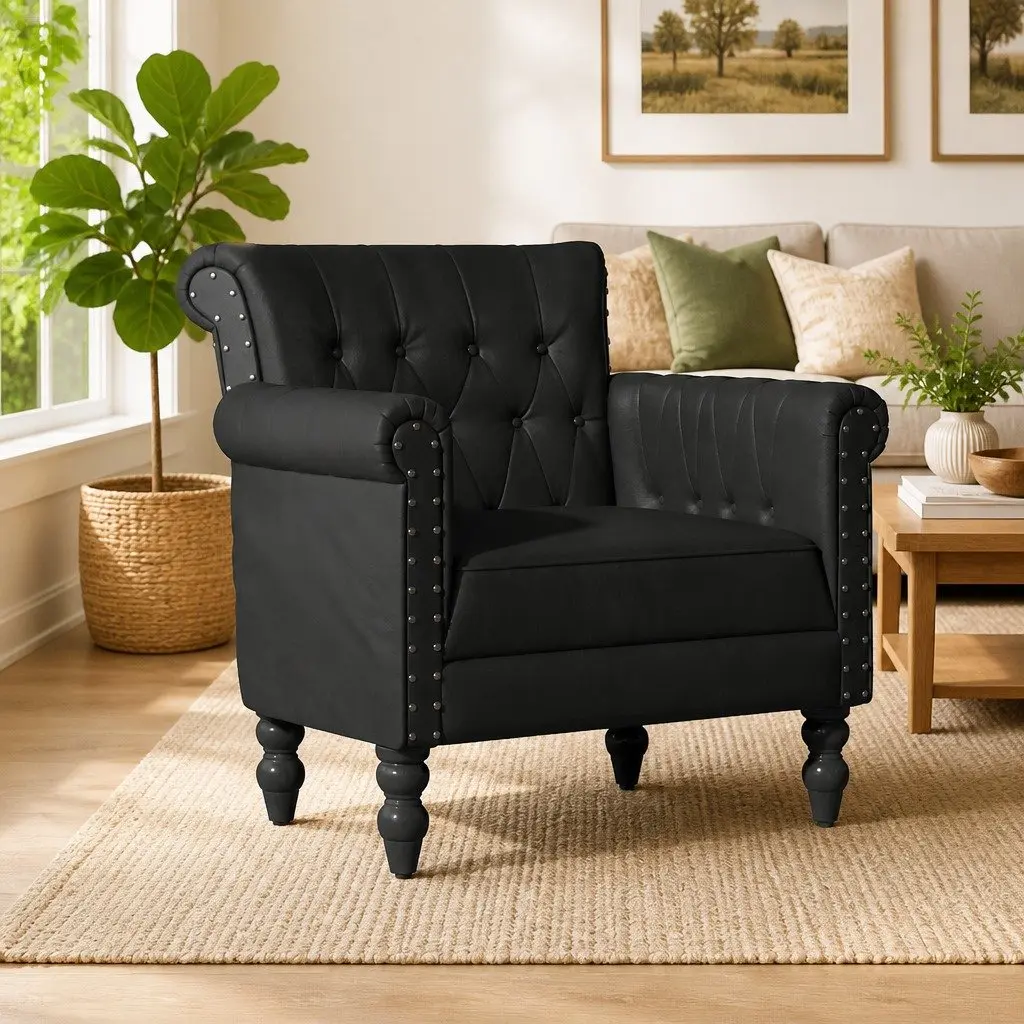 Armchair Black Goat Leather Lounge Chair Solid Mango Wood