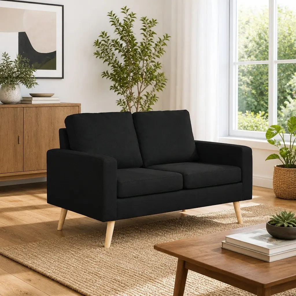 2-Seater Sofa Black Fabric Upholstered Padded Cushions Wooden Frame