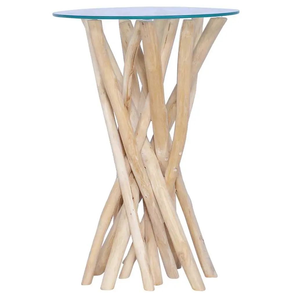Coffee Table Solid Teak Wood Glass Top 35x35x50cm