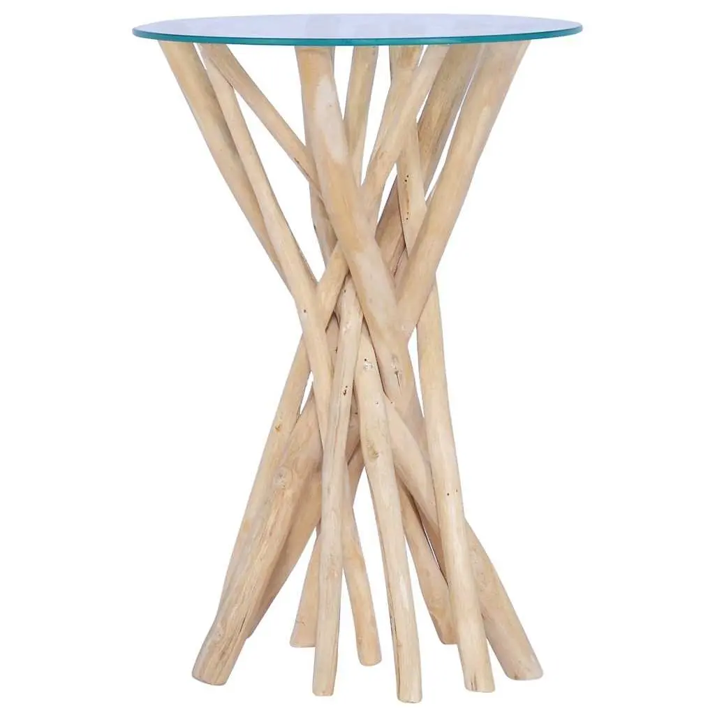 Coffee Table Solid Teak Wood Glass Top 35x35x50cm
