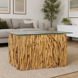 Teak Wood Coffee Table with Glass Top for Living Room
