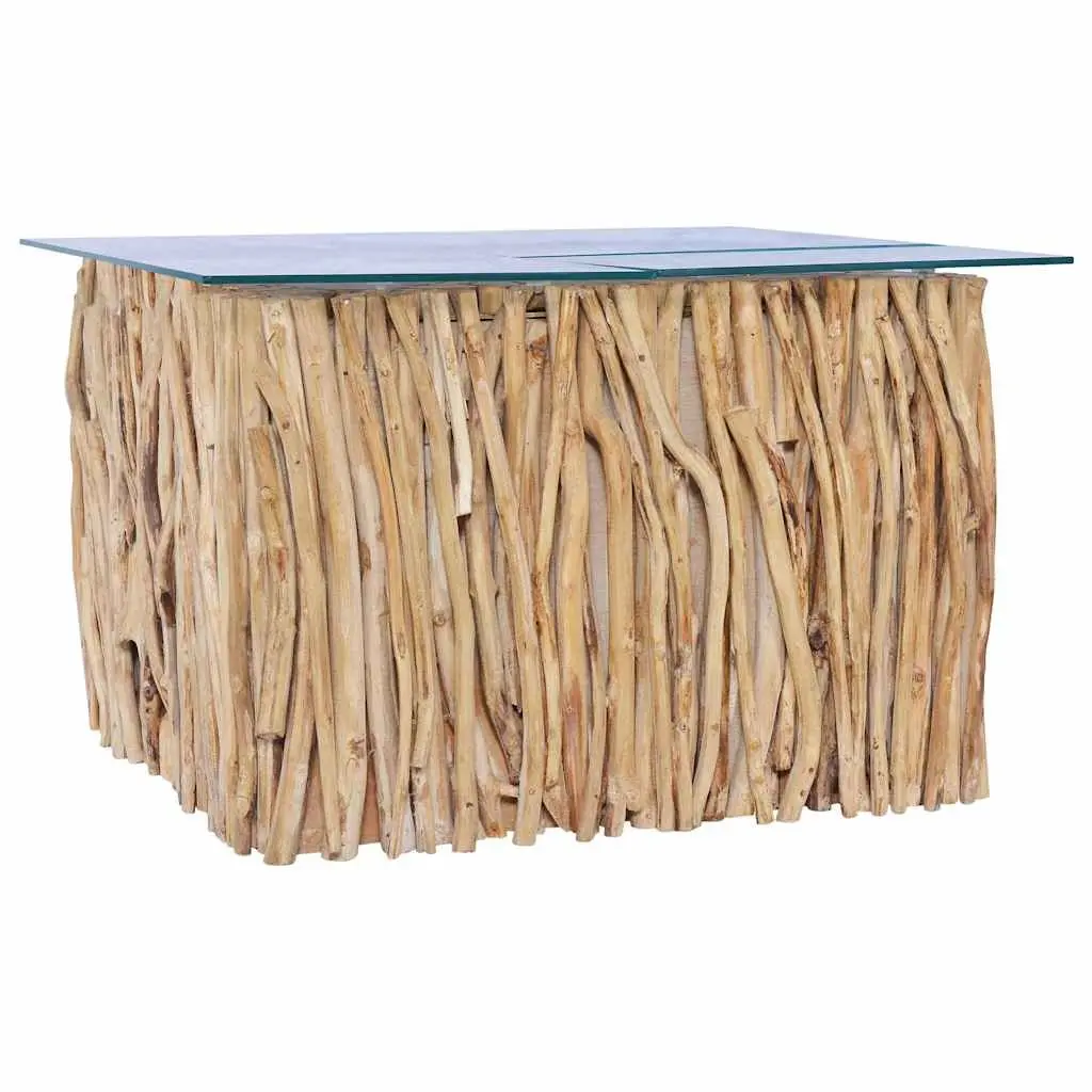 Teak Wood Coffee Table with Glass Top Brown 66x66x40cm Living Room Accent Side Table
