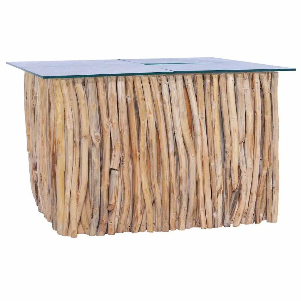 Teak Wood Coffee Table with Glass Top Brown 66x66x40cm Living Room Accent Side Table