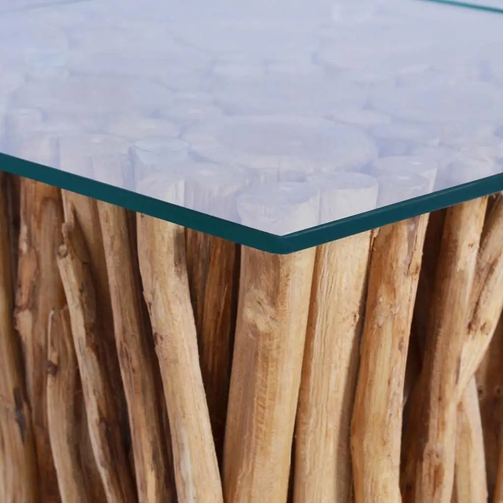 Teak Wood Coffee Table with Glass Top Brown 66x66x40cm Living Room Accent Side Table