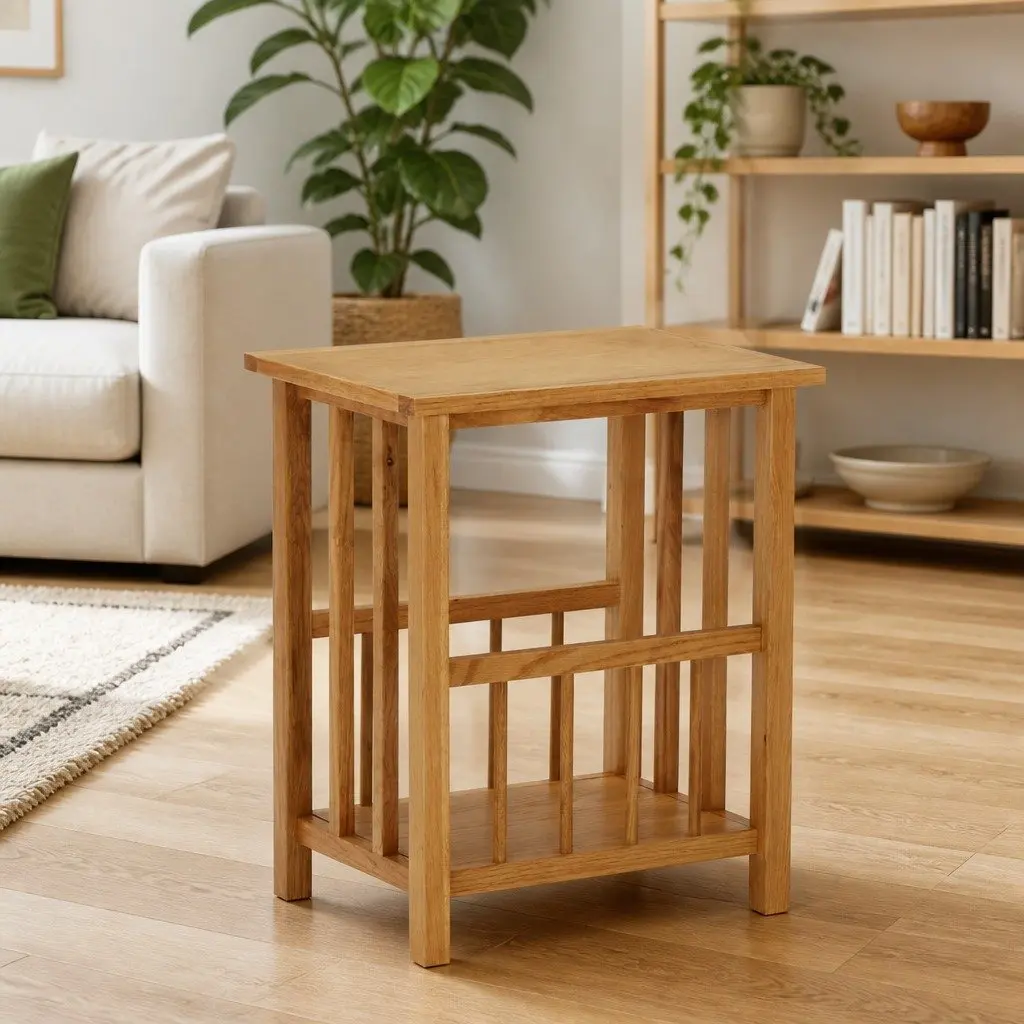 End Table Oak Wood Magazine Rack Shelf Compact Accent Furniture Brown 45x35x55cm