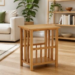 Rustic Oak Wood End Table with Magazine Rack