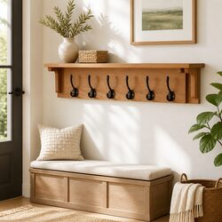 Brown Solid Oak Wood Coat Rack with 6 Hooks
