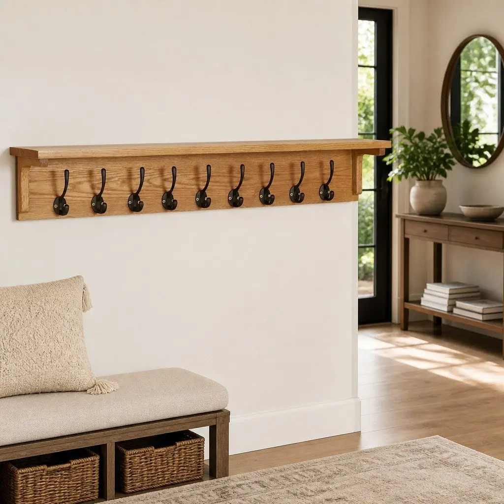 Solid Oak Wood Wall-Mounted Coat Rack with 9 Hooks