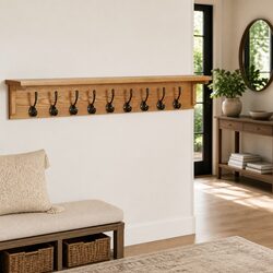Solid Oak Wood Wall-Mounted Coat Rack with 9 Hooks