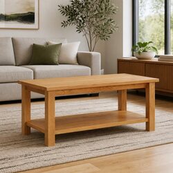 Rustic Oak Wood Coffee Table with Storage Shelf