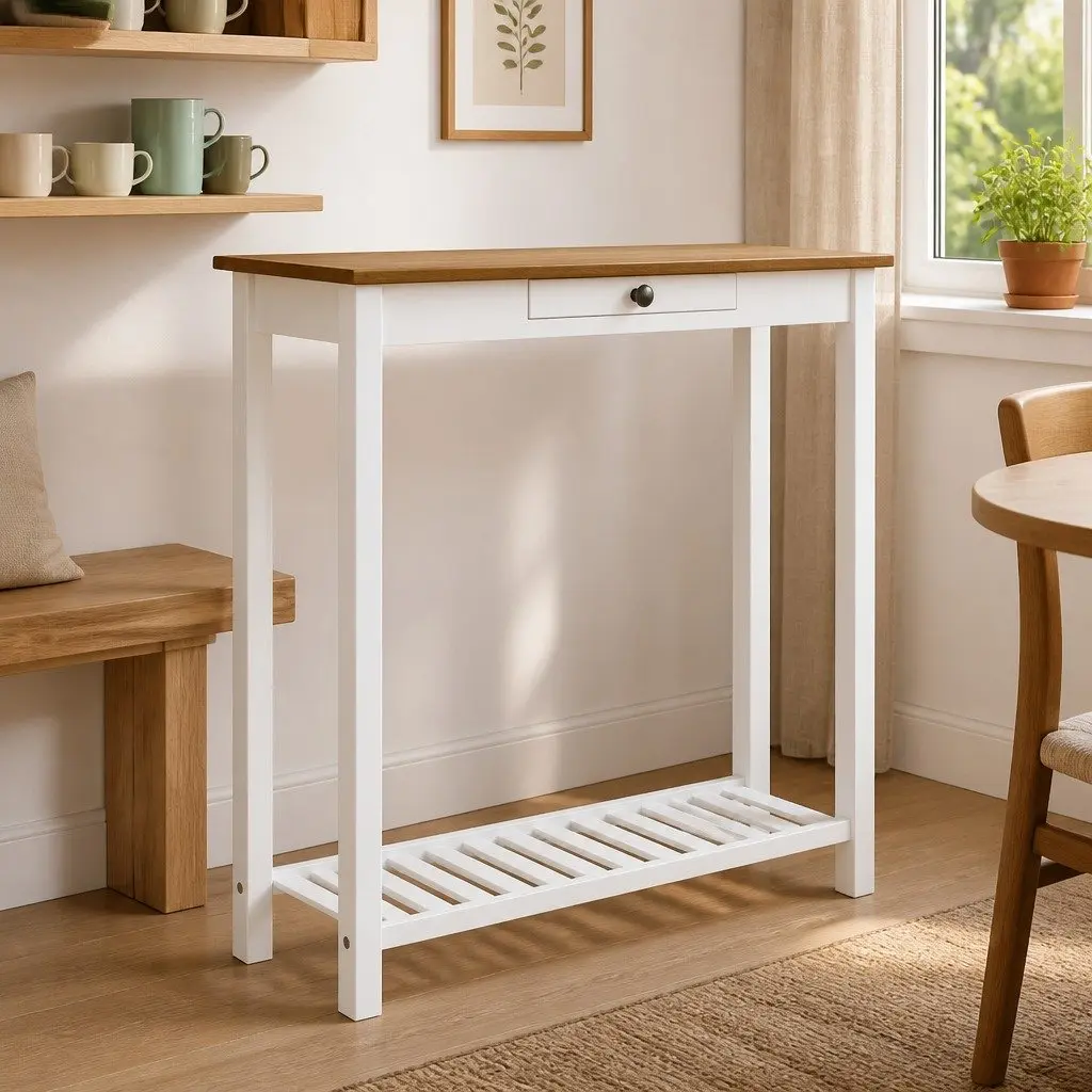 Solid Oak Wood Bar Table with Storage Shelf