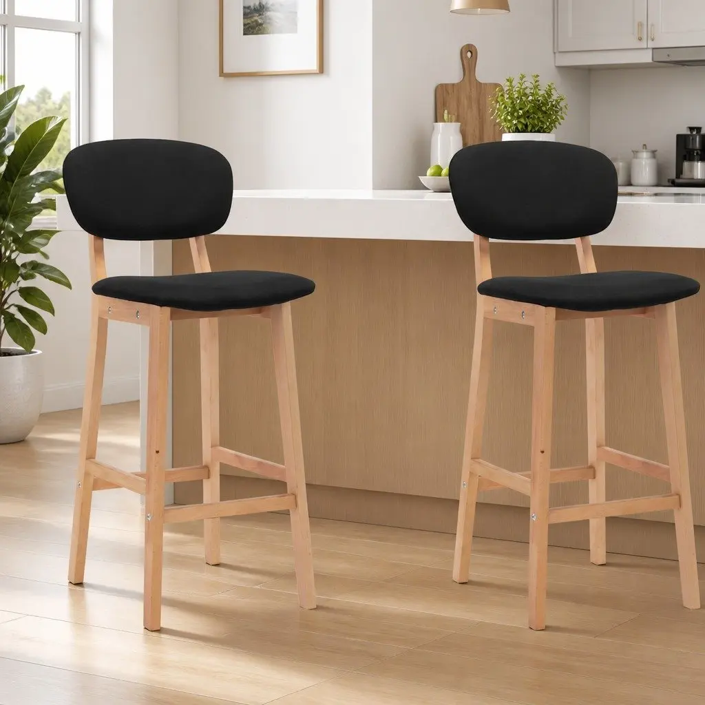 Set of 2 Modern Bar Stools with Black Fabric Seat