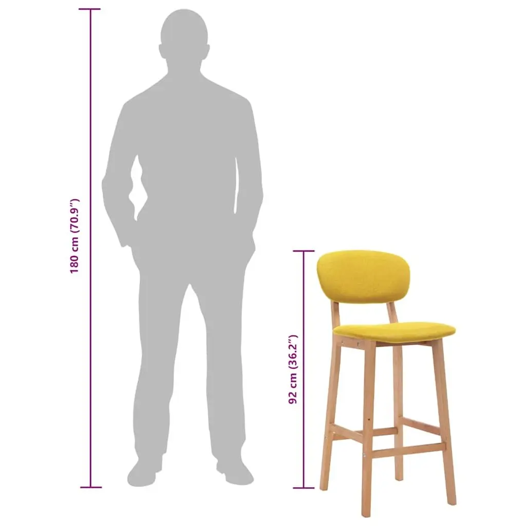 Bar Stools Set 2 pcs Yellow Fabric Seat Backrest Footrest Kitchen Counter Chair