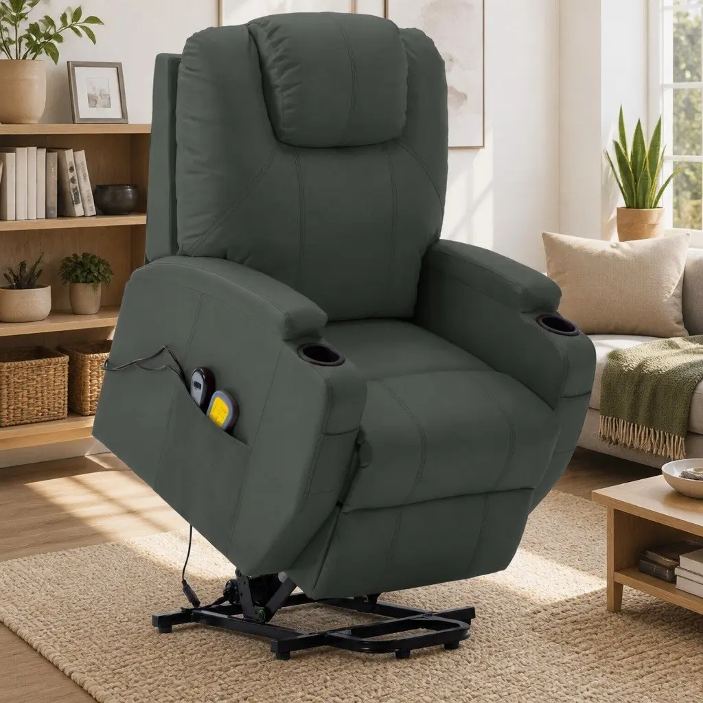 Electric Massage Recliner Chair Stand Up Power Lift Faux Leather Anthracite 6 Points Vibration