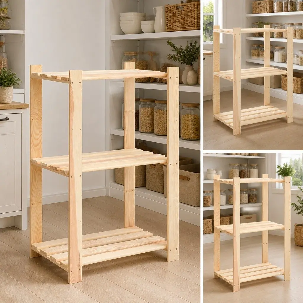 3-Tier Brown Solid Wood Storage Rack Set of 3