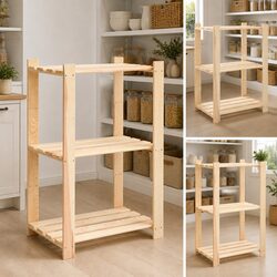 3-Tier Brown Solid Wood Storage Rack Set of 3