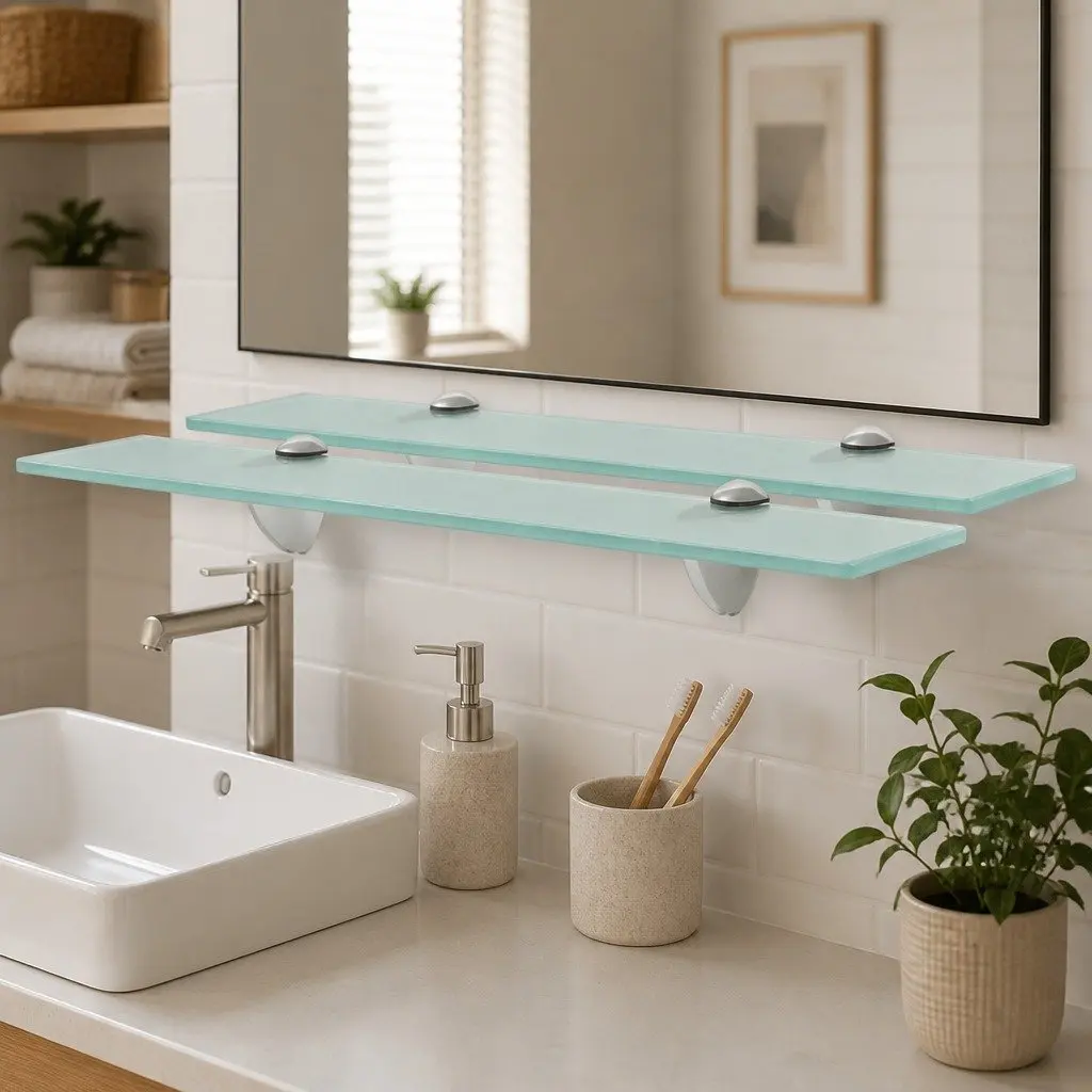 Glass Floating Shelves Transparent 50 x 10 cm Tempered Safety Glass 2 Piece Wall Mounted Display Shelf