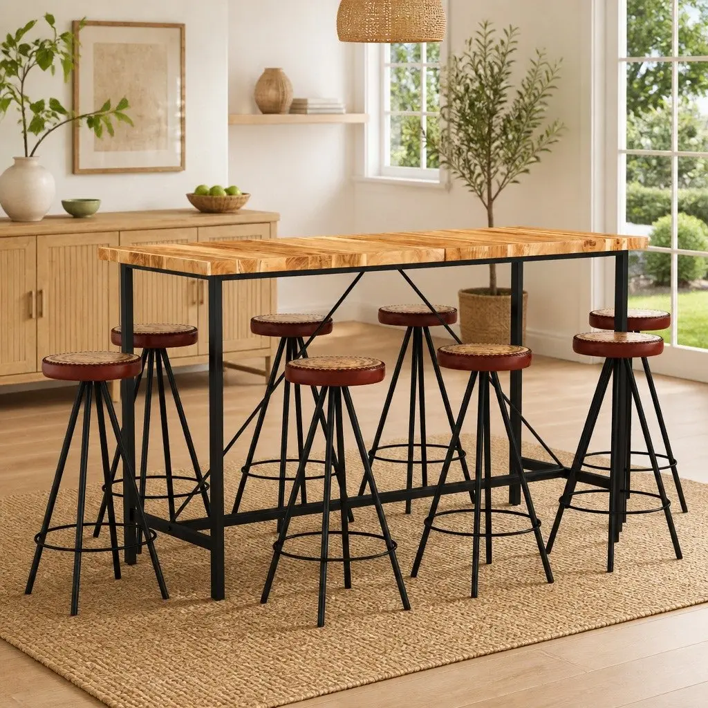 9 Piece Bar Set Industrial Style Solid Acacia Wood Table Leather Canvas Upholstered Stools Steel Legs