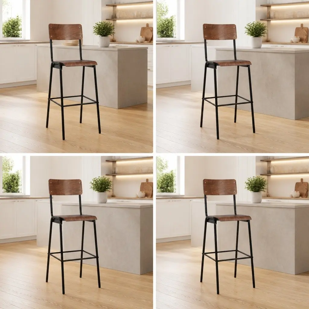 Bar Stools Black Stackable 4 Piece Plywood Seat Powder Coated Steel Legs