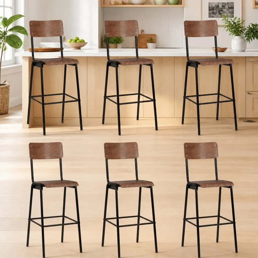 Bar Stools Stackable Dining Chair Set 6 Pieces Black Plywood Seat Powder-Coated Steel Legs