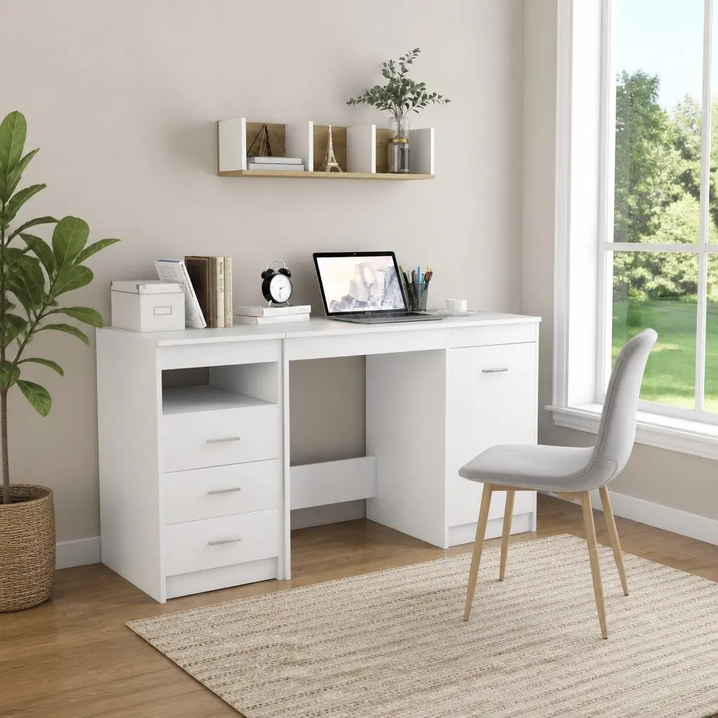 Office Desk White Engineered Wood 140cm with Storage Drawers and Door