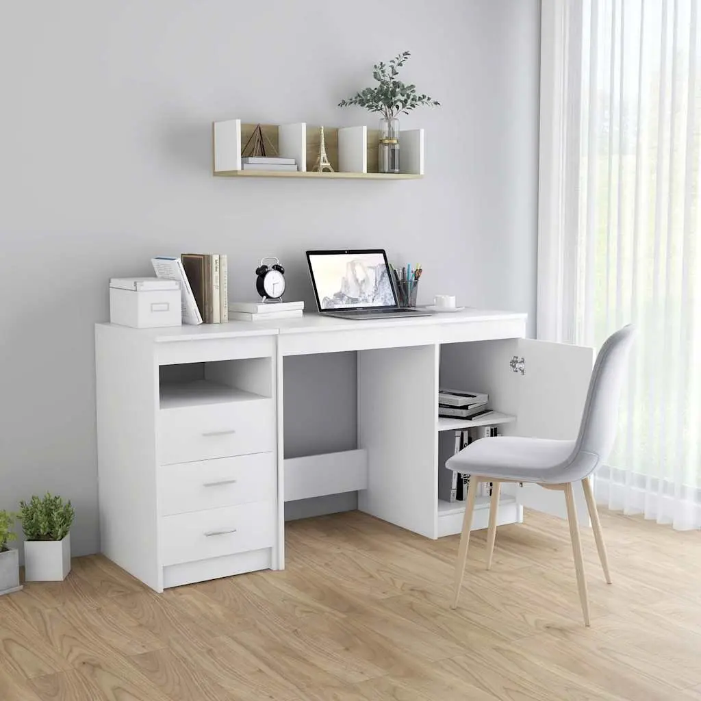 Office Desk White Engineered Wood 140cm with Storage Drawers and Door