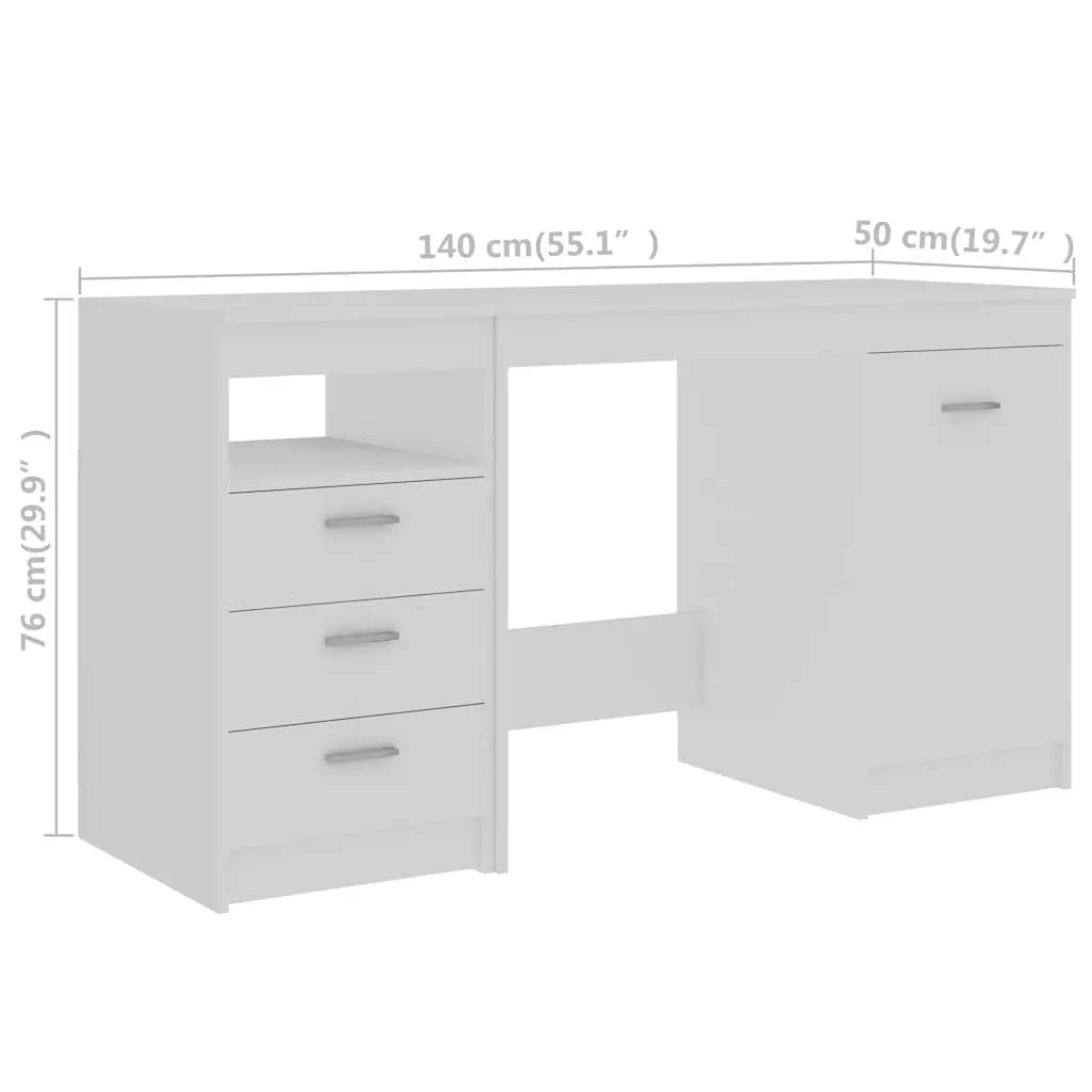Office Desk White Engineered Wood 140cm with Storage Drawers and Door
