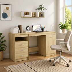 Brown Engineered Wood Office Desk with Storage Drawers