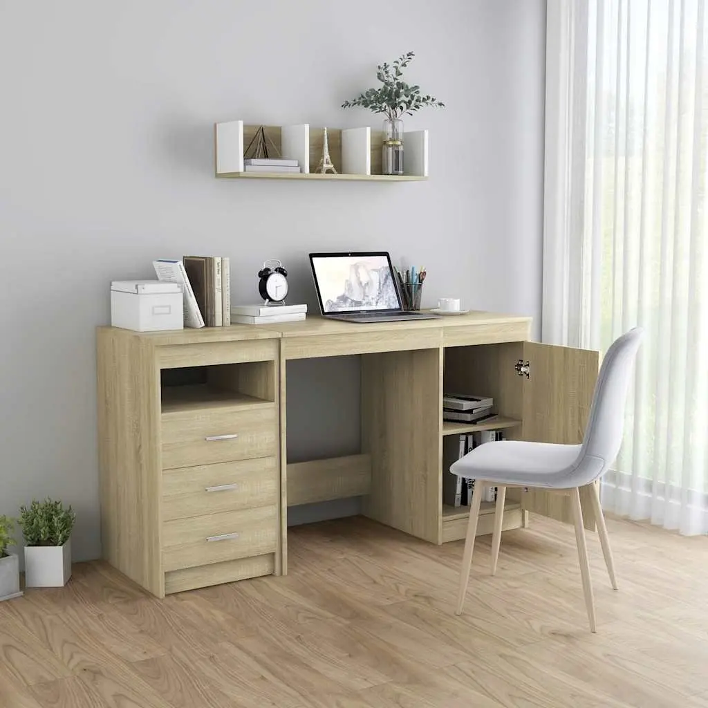 Brown Engineered Wood Office Desk with Storage Drawers