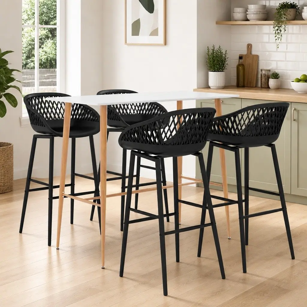 5 Piece Bar Set Modern White and Black Kitchen Counter Table with 4 Bar Stools MDF and Metal