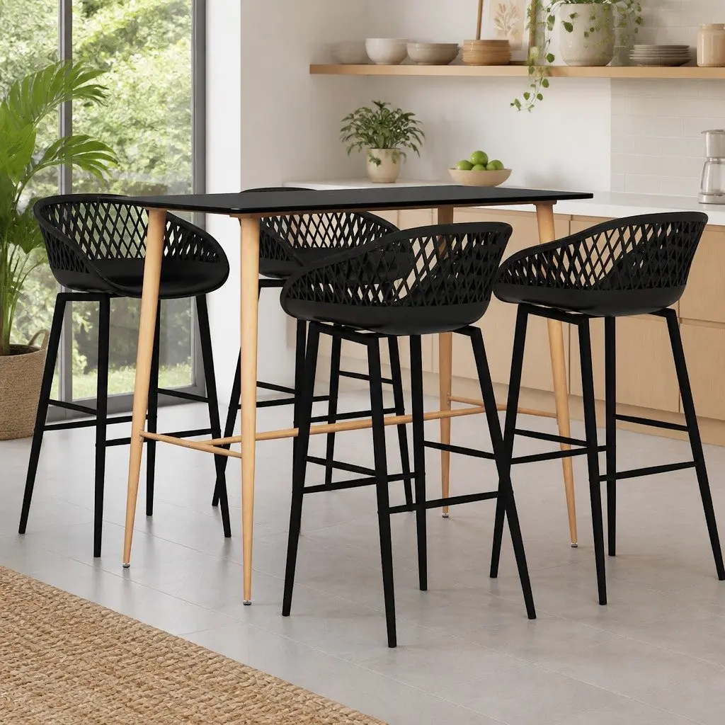 Bar Set 5 Piece Black Counter Table Stools Metal Ergonomic Indoor Dining Furniture