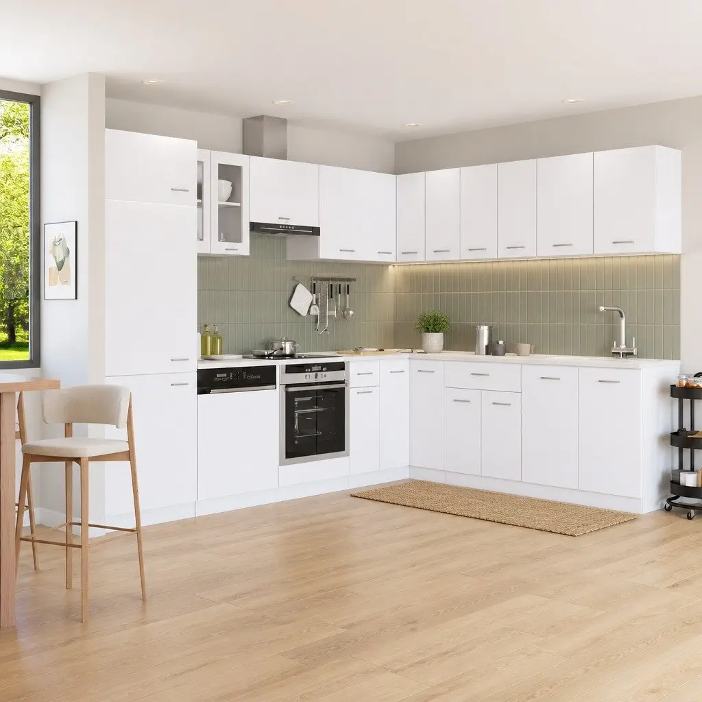 14 Piece White Engineered Wood Kitchen Cabinet Set
