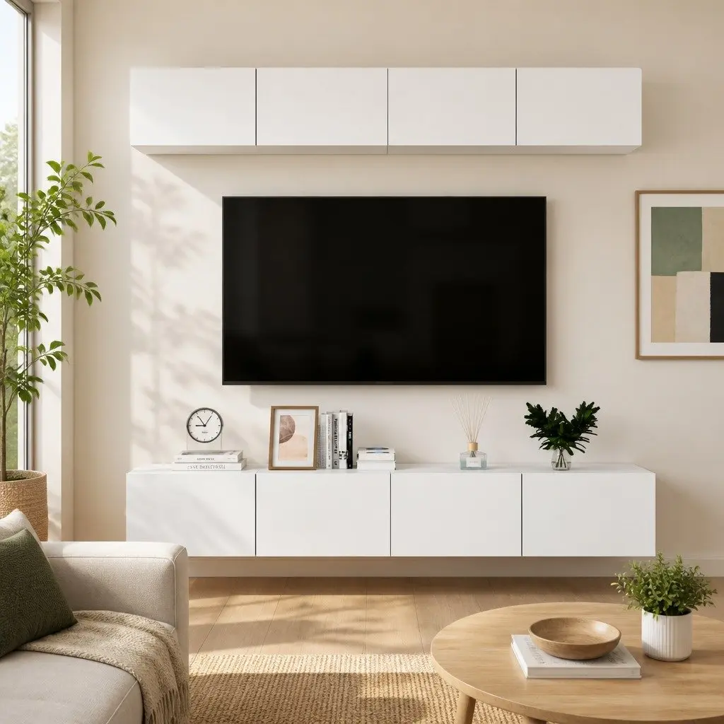 White Wall Mounted TV Cabinet Set 4 Pieces Engineered Wood Storage Unit