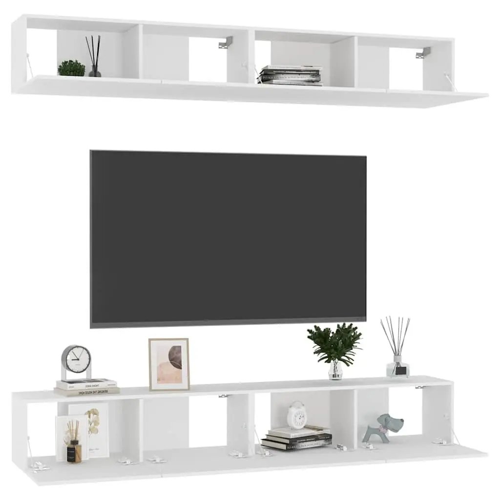 White Wall Mounted TV Cabinet Set 4 Pieces Engineered Wood Storage Unit