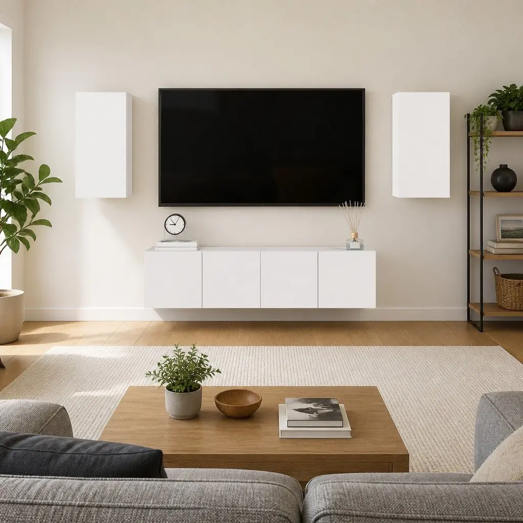 White TV Cabinet Set 4 Pieces Wall Mounted Storage Unit Engineered Wood