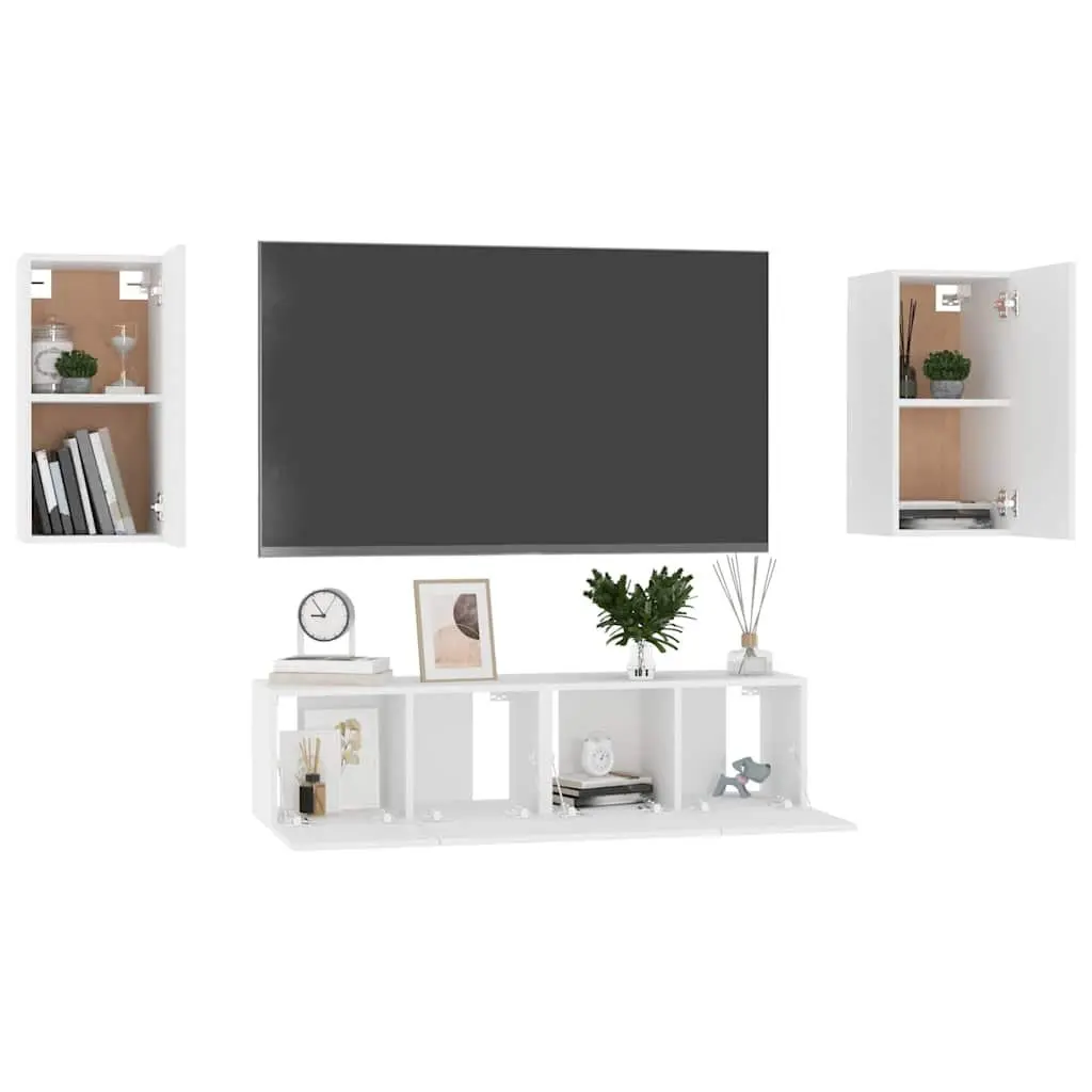 White TV Cabinet Set 4 Pieces Wall Mounted Storage Unit Engineered Wood