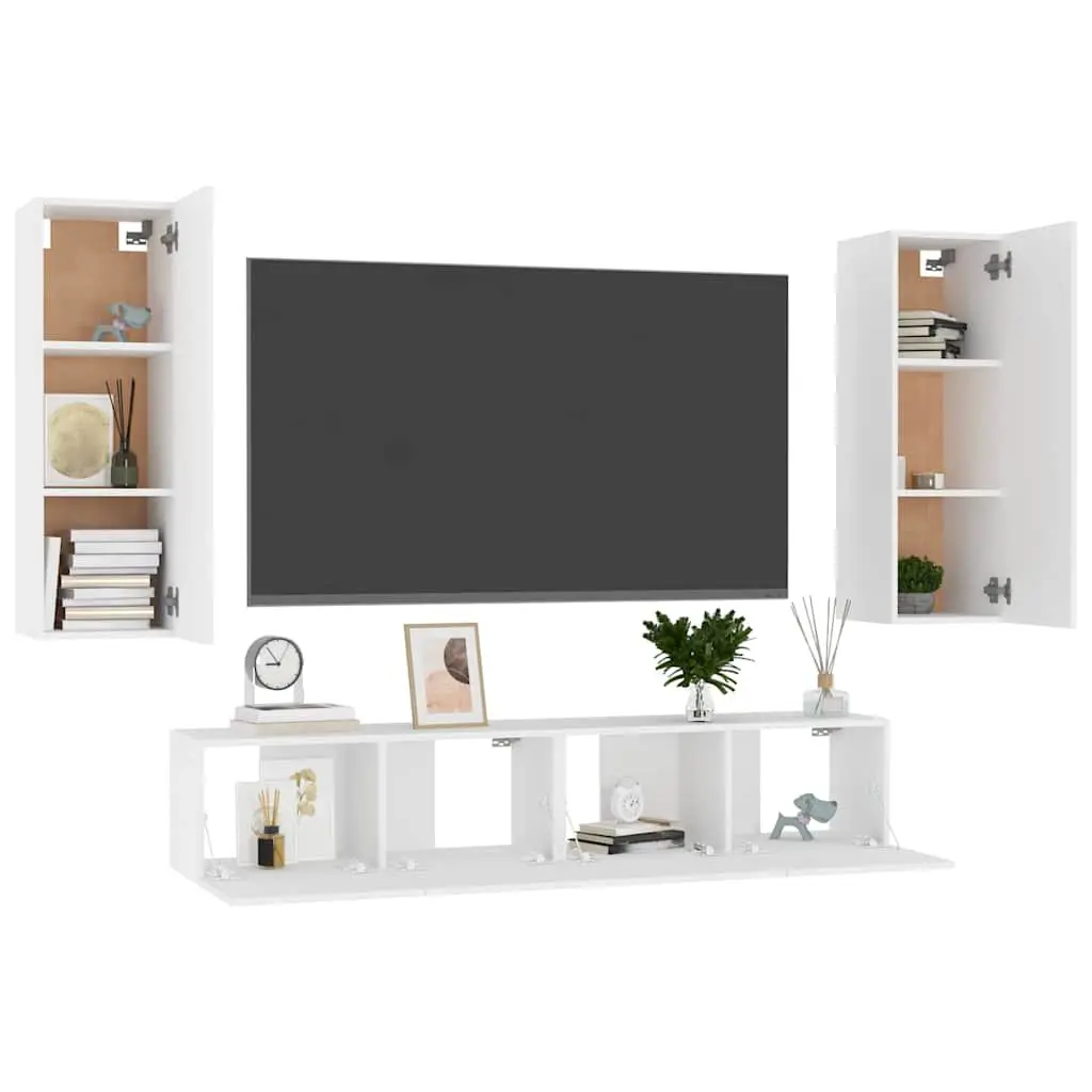 4-Piece White Wall-Mounted TV Cabinet Set