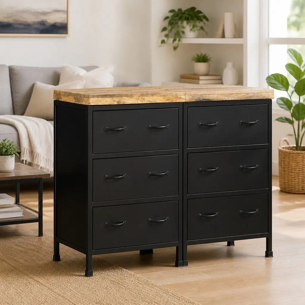 Sideboard Rustic Industrial Brown 6 Drawer Storage Cabinet Wooden Iron Frame