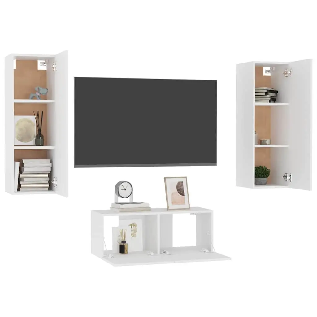 White TV Cabinet Set 3 Piece Wall Mount Entertainment Storage Unit Furniture