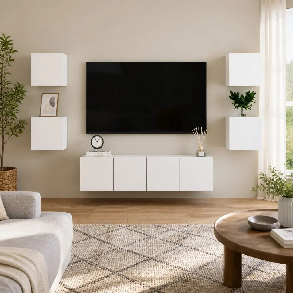 White Wall Mounted TV Cabinet Set 6 Pieces