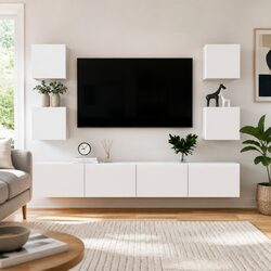 6 Piece White Wall-Mounted TV Cabinet Set