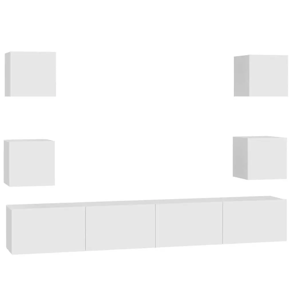 Wall-Mounted TV Cabinet Set White 6 Piece Engineered Wood Storage Shelves Living Room Furniture