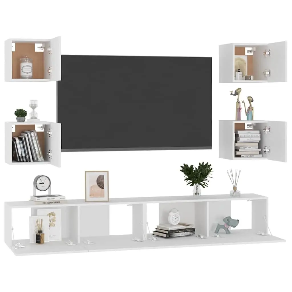 Wall-Mounted TV Cabinet Set White 6 Piece Engineered Wood Storage Shelves Living Room Furniture