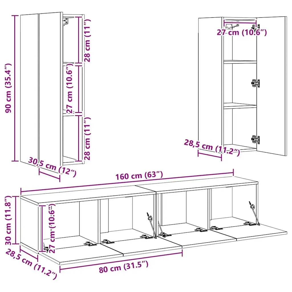 White 4 Piece Wall-Mounted TV Cabinet Set for Living Room