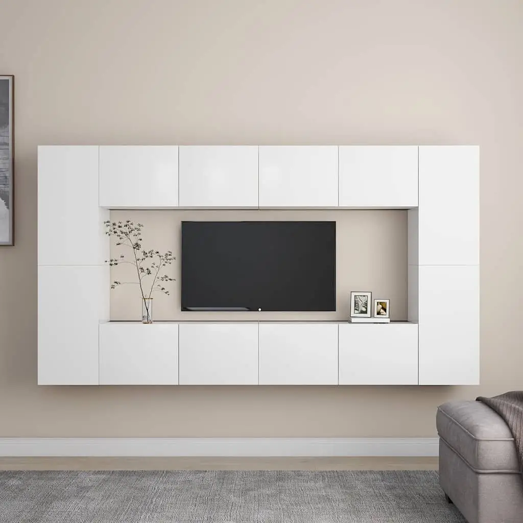 TV Cabinet Set White Wall-Mounted 8 Piece Engineered Wood Storage Unit